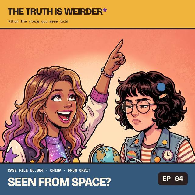 Cass pointing at the sky, Pip peering at a small globe
