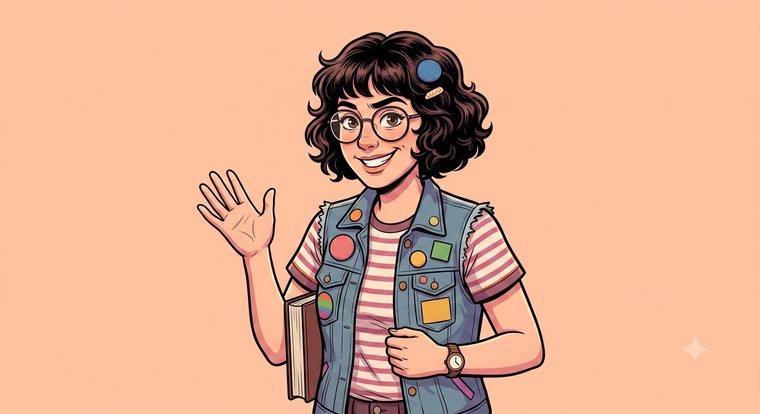 Pip, illustrated: denim, round glasses, a book in reach